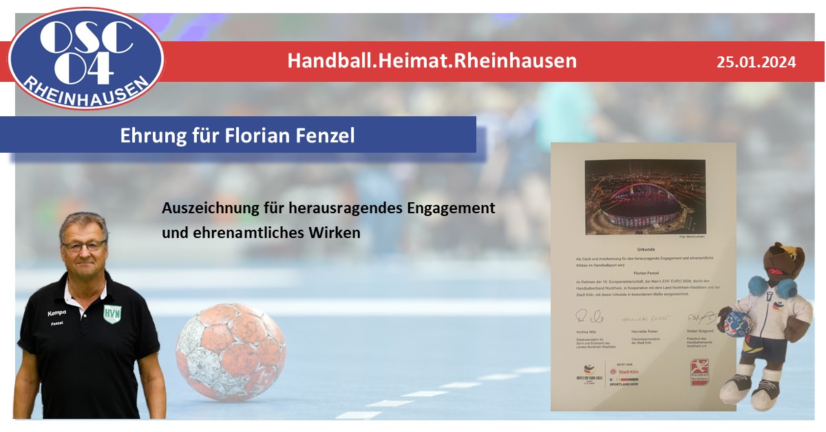 Ehrung F R Florian Fenzel Osc Handball Heimat Rheinhausen